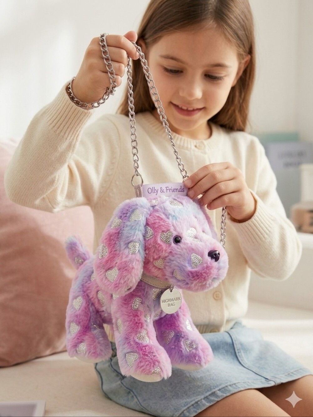😺OLLY & FRIENDS Tie Dye Doggy with Foil Hearts in Pink/Purple BAG ON CHAIN